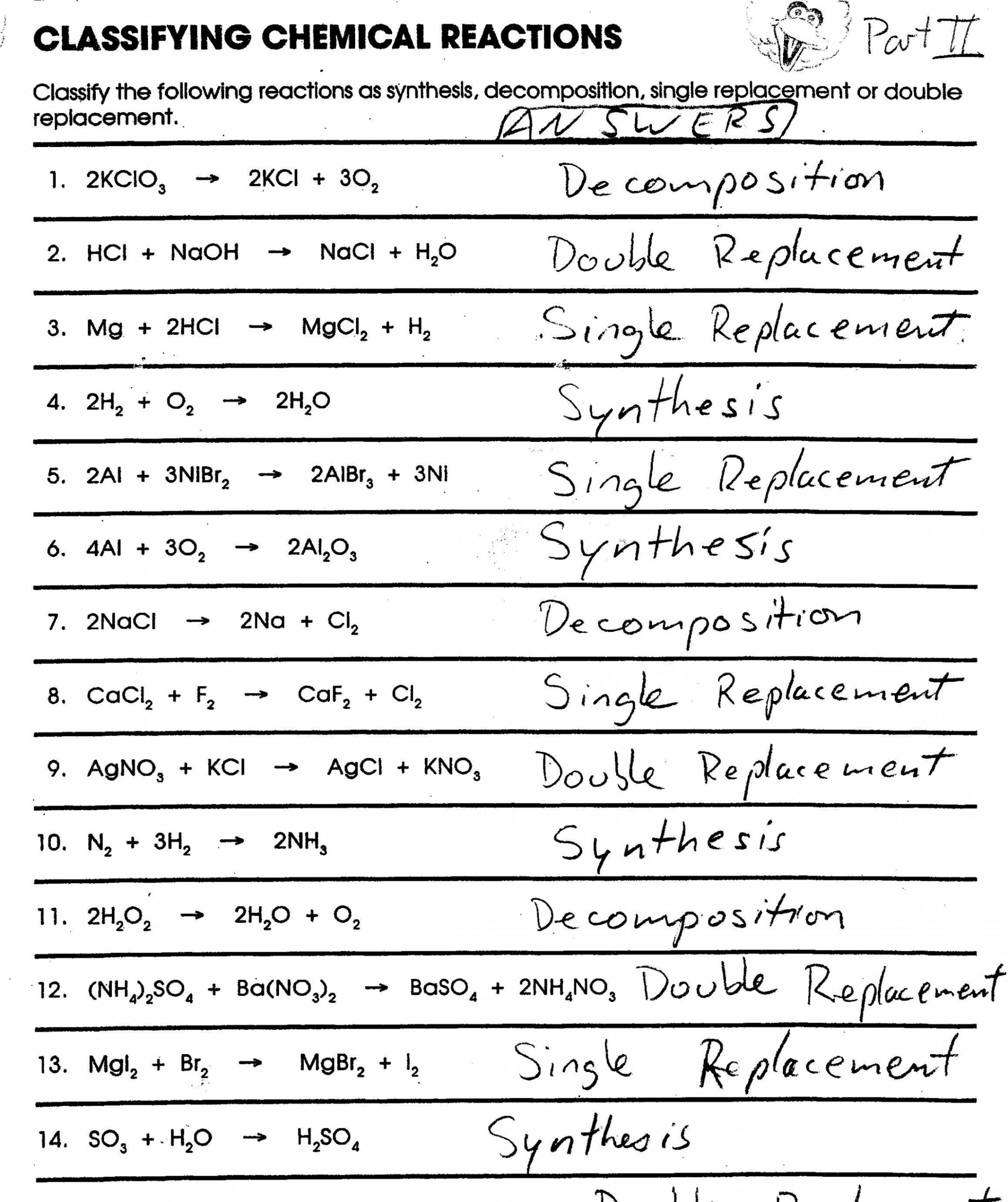 Classifying Chemical Equations Worksheets  Chemical reactions