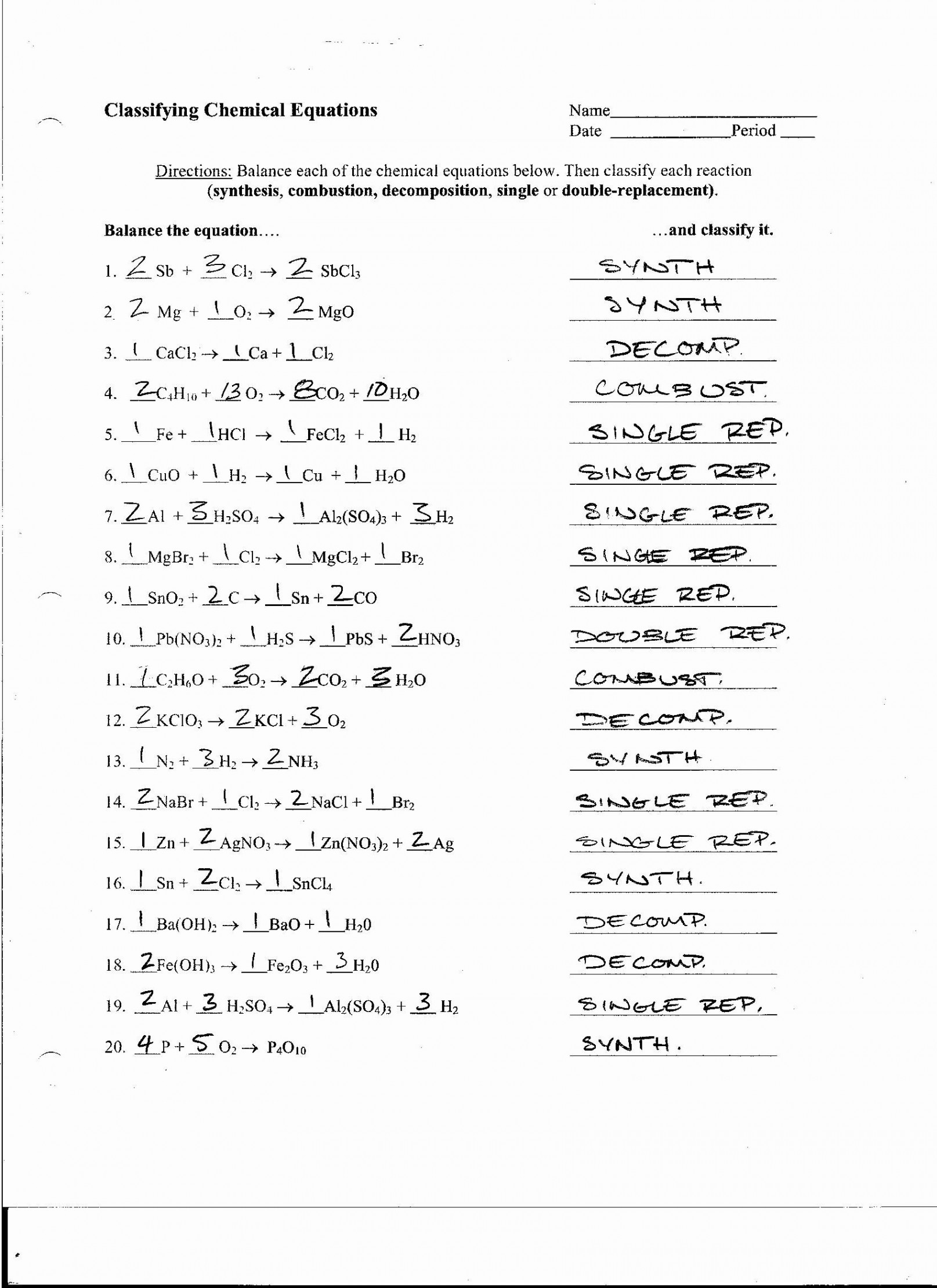 Classifying Chemical Reactions Worksheet Answers Beautiful Balance