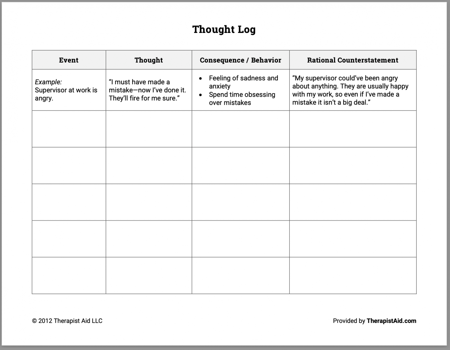 Cognitive Behavioral Therapy Worksheet Template & Example  Free