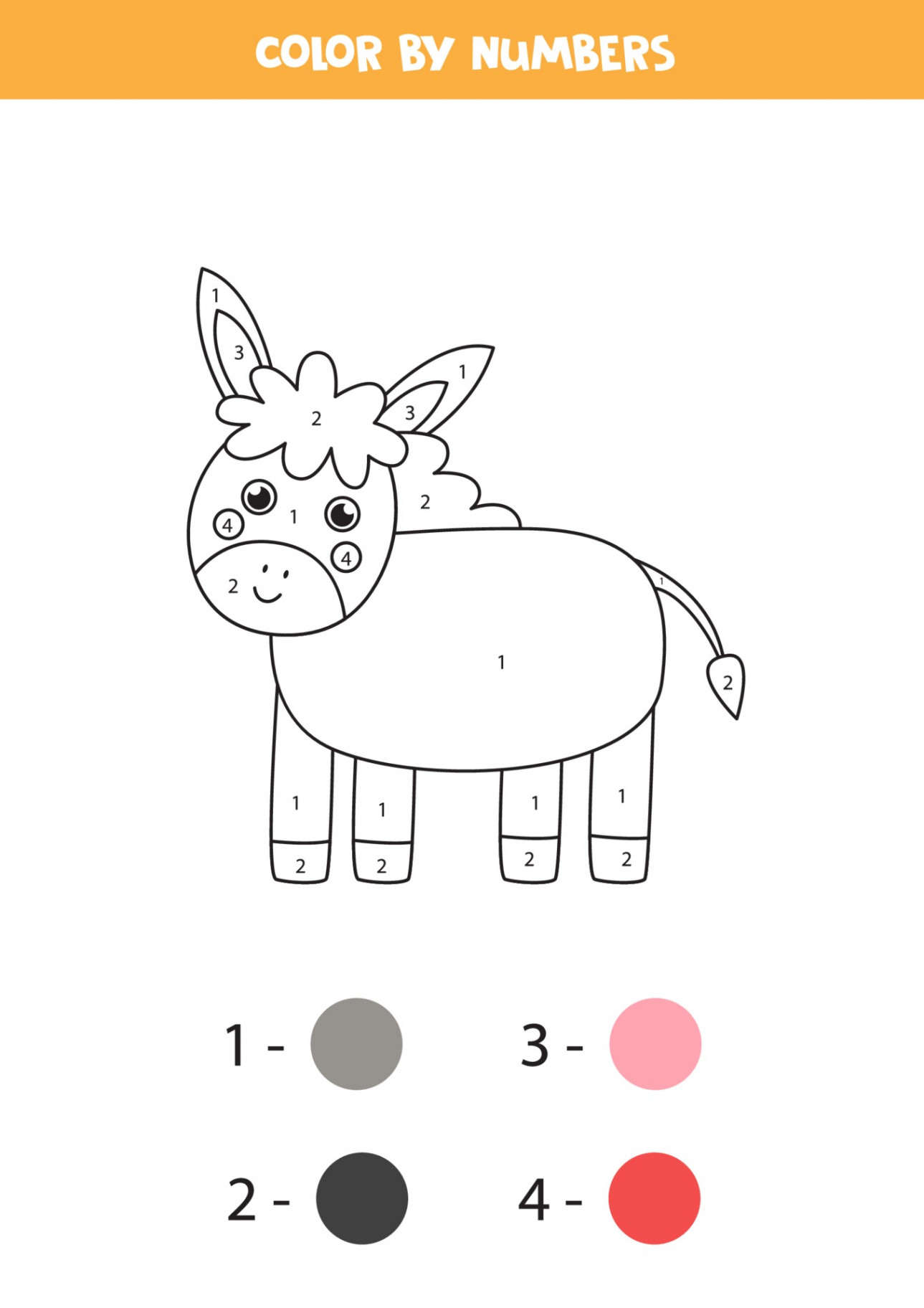 Color cute donkey by numbers. Farm animal worksheet