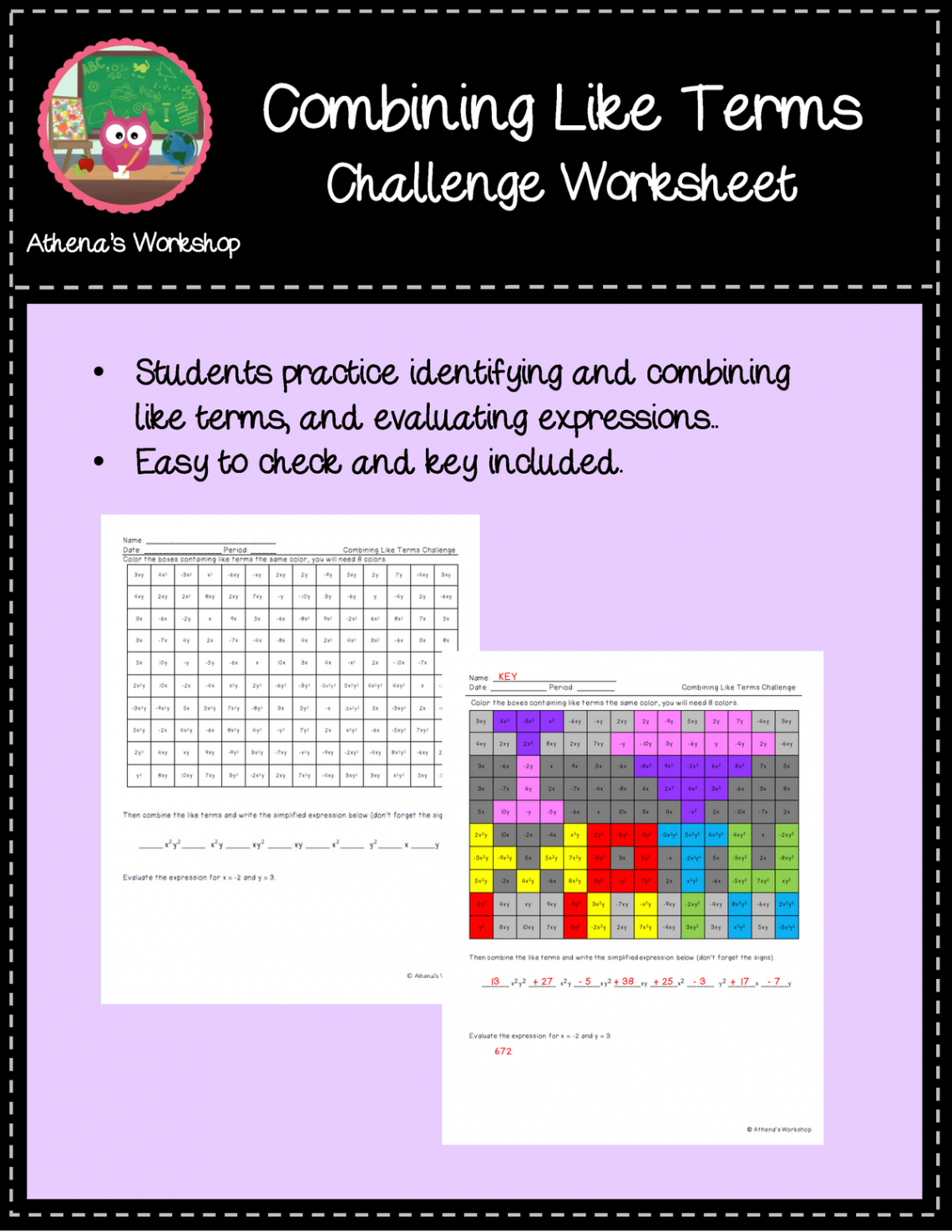 Combining Like Terms Challenge Coloring Activity Freebie-