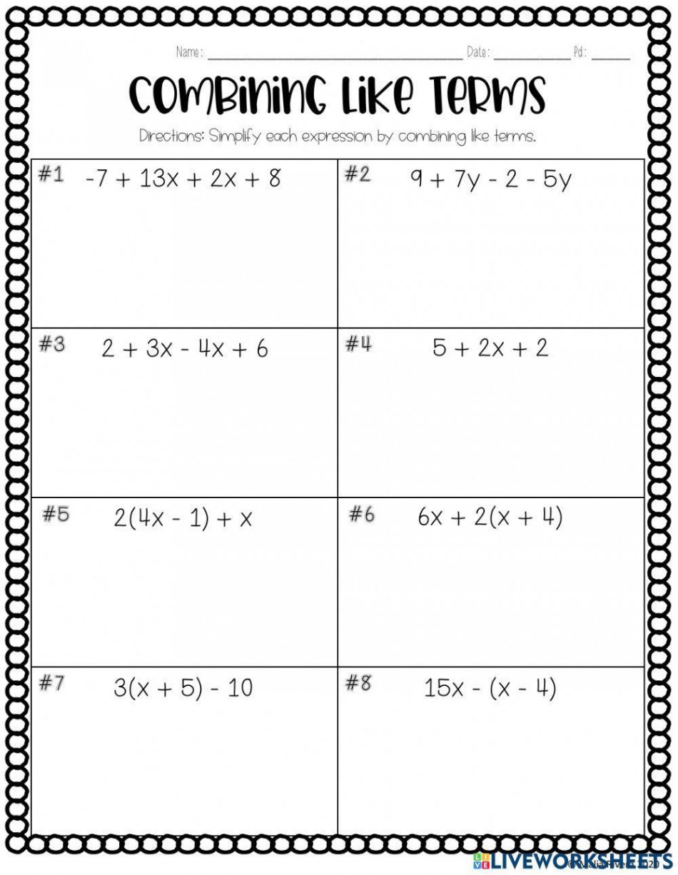 Combining Like Terms worksheet for th-th  Live Worksheets