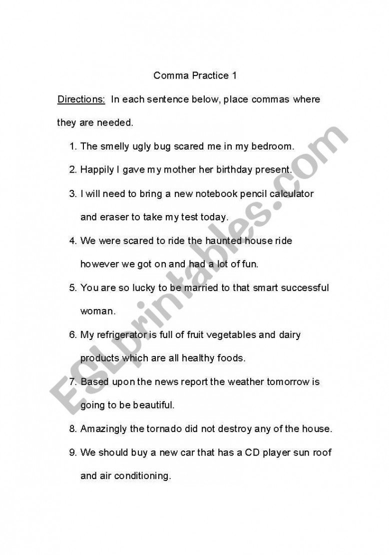 Comma Practice - ESL worksheet by jenzab