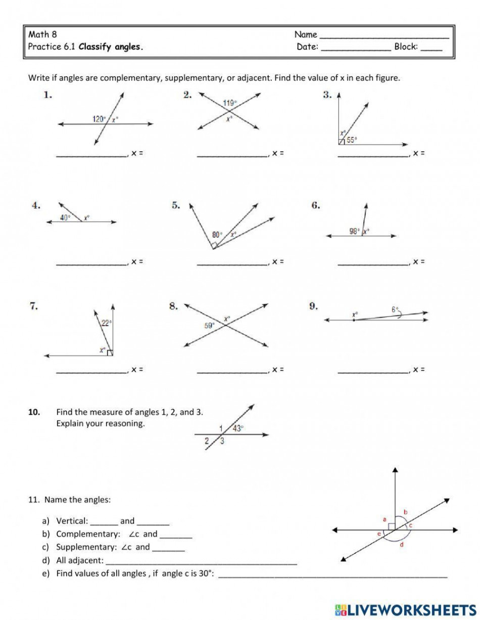 Complementary, Supplementary, and Vertical Angles Practice