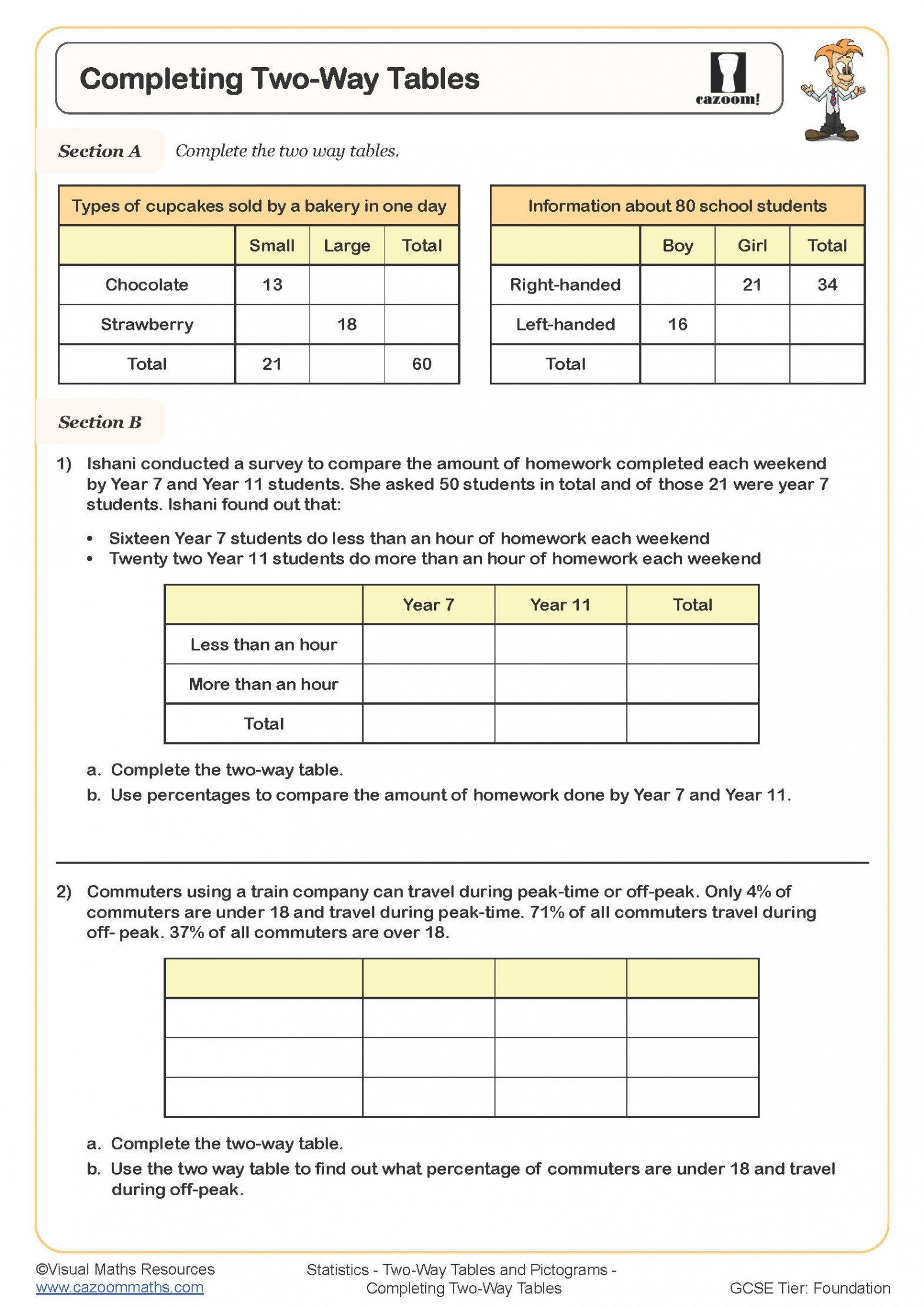 Completing Two-way Tables Worksheet  Printable PDF Worksheets