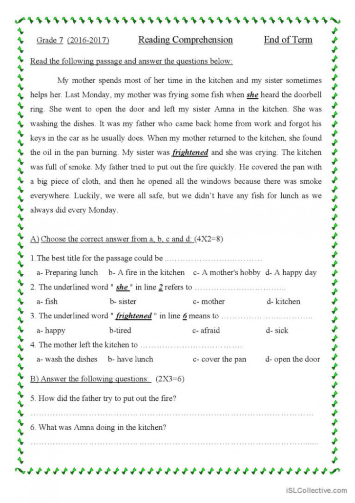 Comprehension Passage For Grade  ge: English ESL worksheets pdf