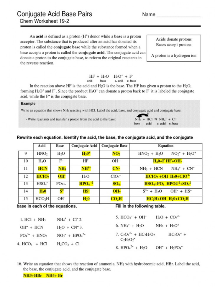 Conjugate Acid Base Pairs: Name - Chem Worksheet -  PDF  Acid