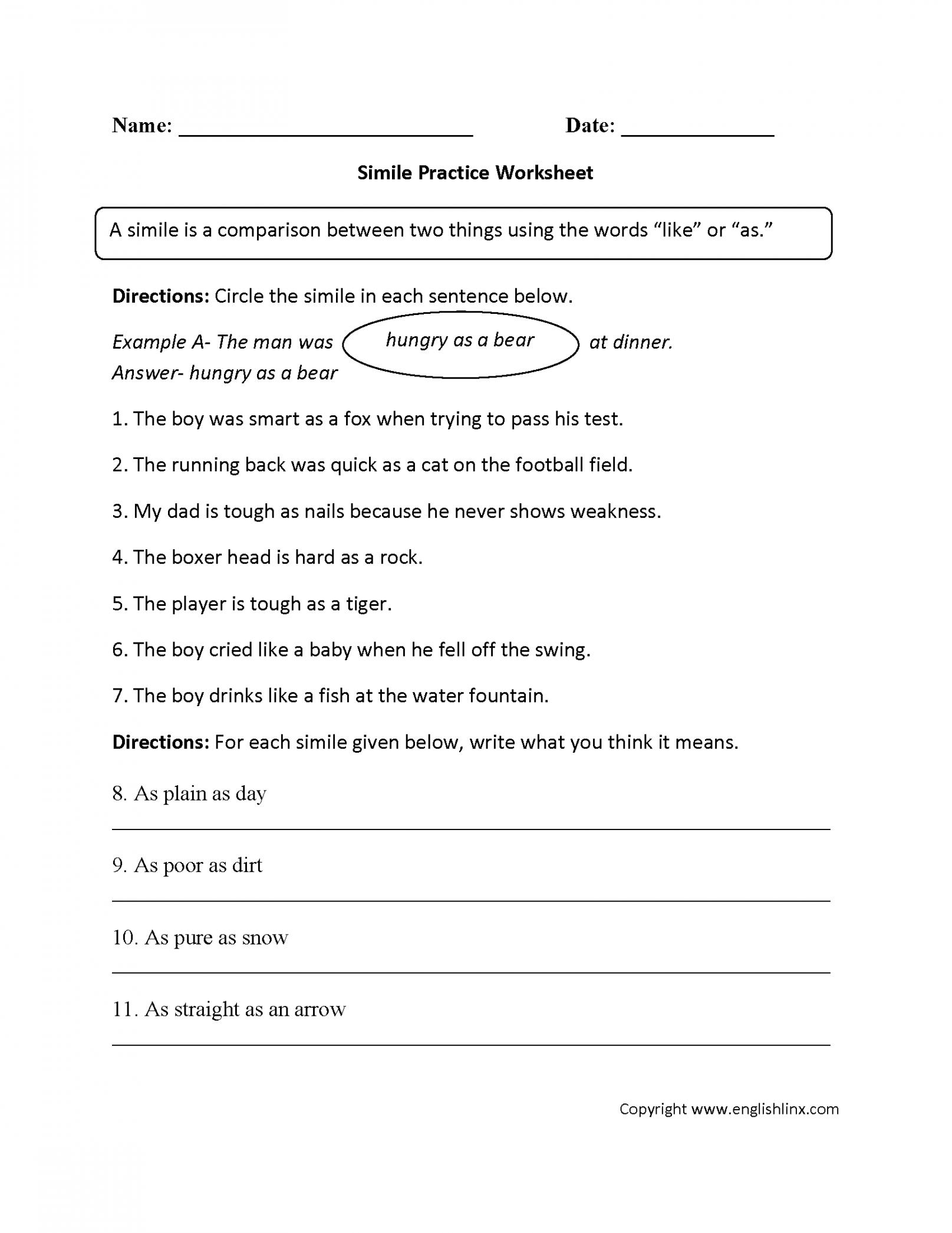 Content by Subject Worksheets  Figurative Language Worksheets