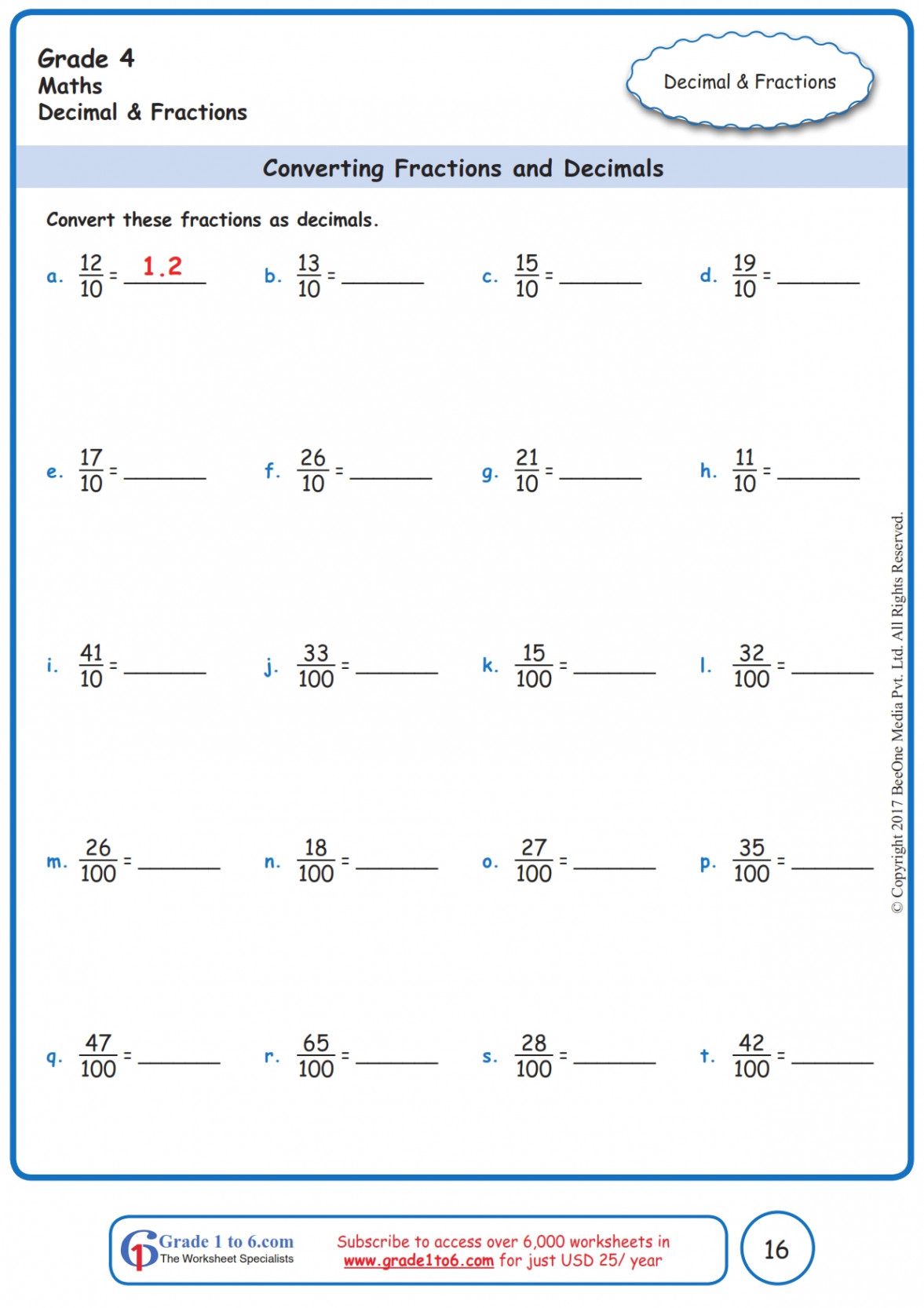 Converting Fraction to Decimals Worksheetswww.gradeto