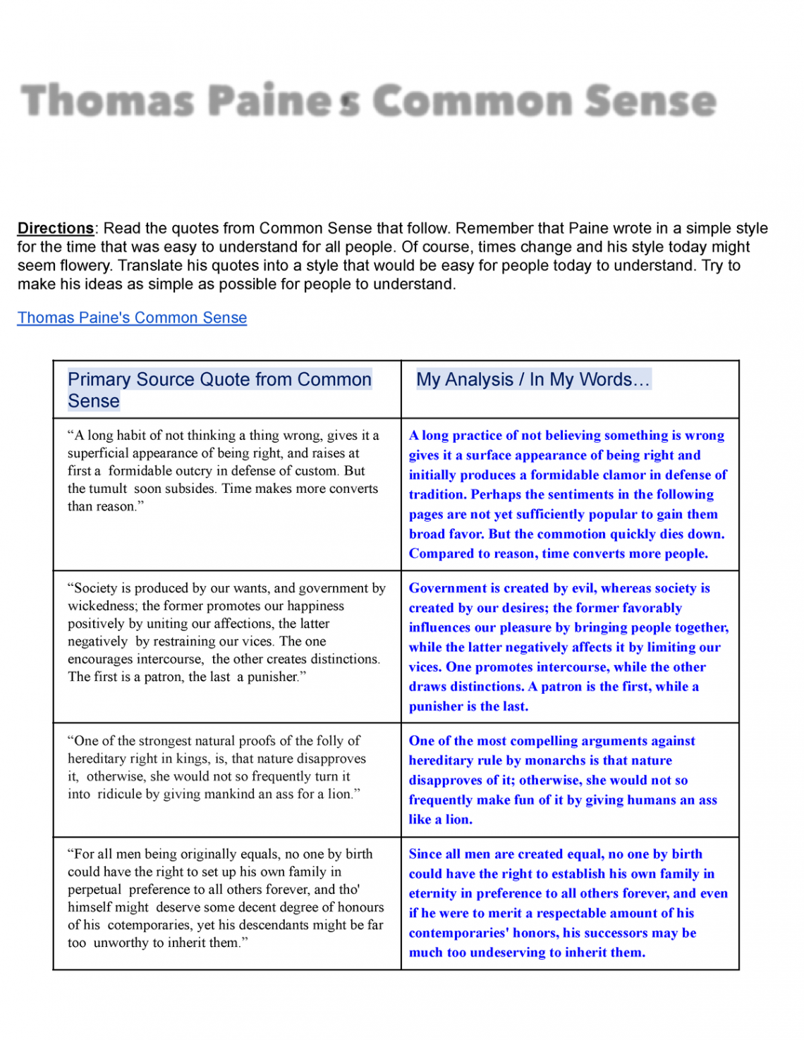 Copy of  - Thomas Paine Common Sense Reading and Activity