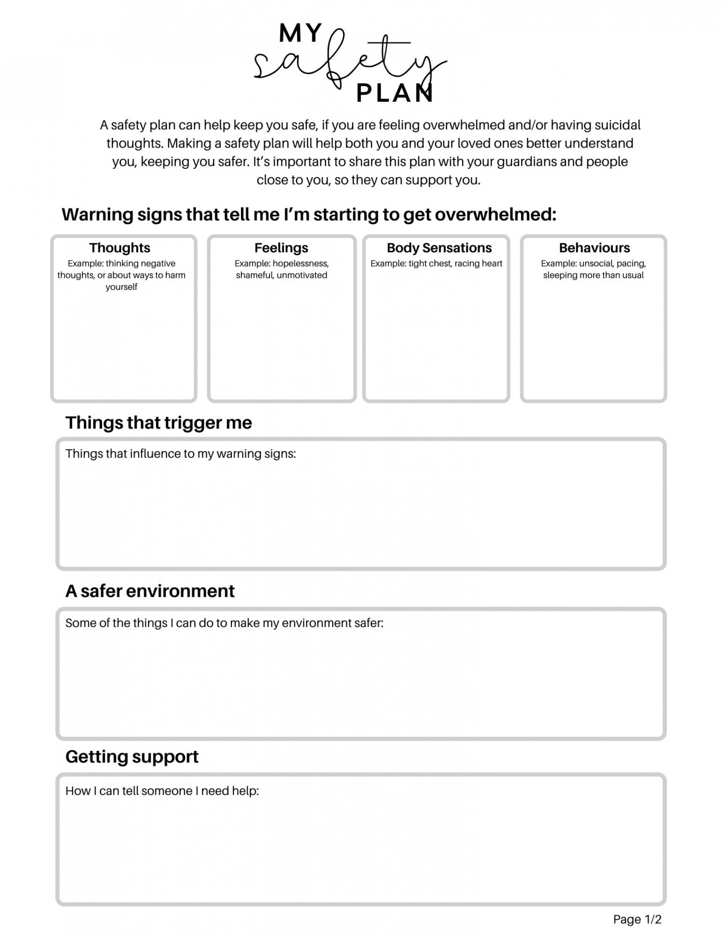 Crisis Safety Plan Mental Health Worksheet Suicidal - Etsy UK