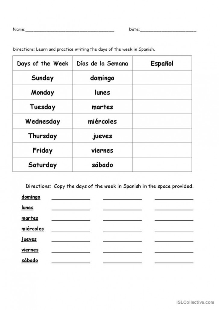 Days of the Week in Spanish: English ESL worksheets pdf & doc