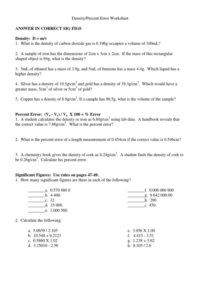 Density Percent Error Worksheet  PDF