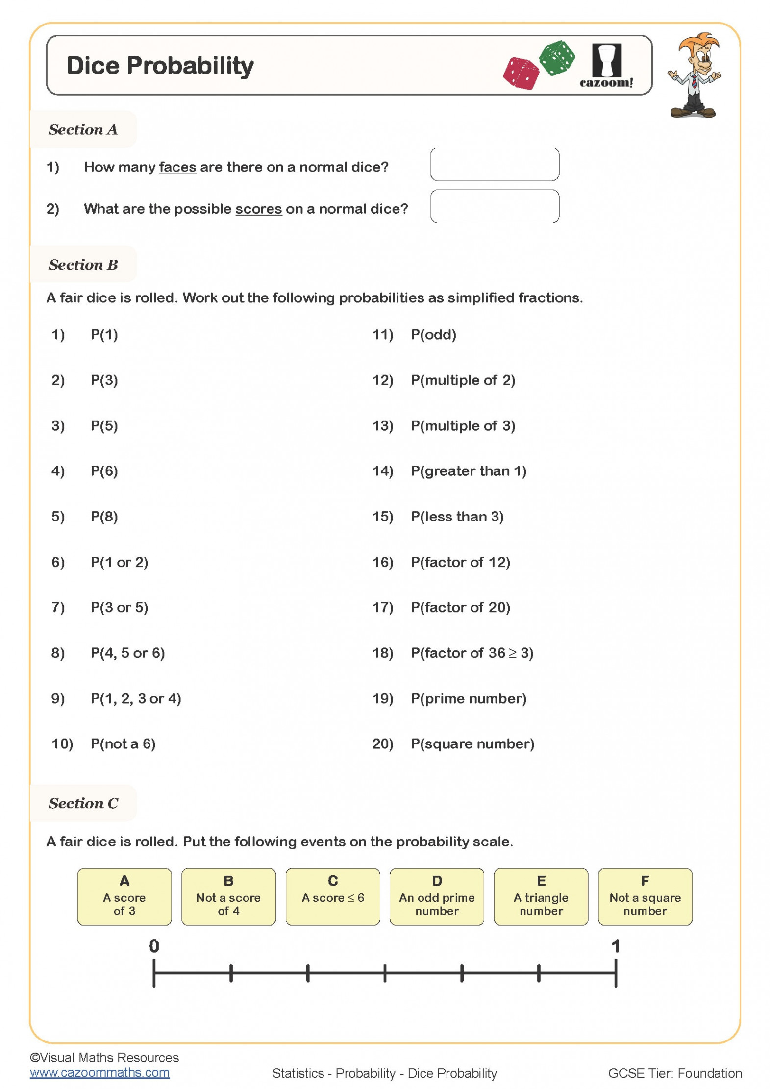 Dice Probability Worksheet  Printable PDF Worksheets