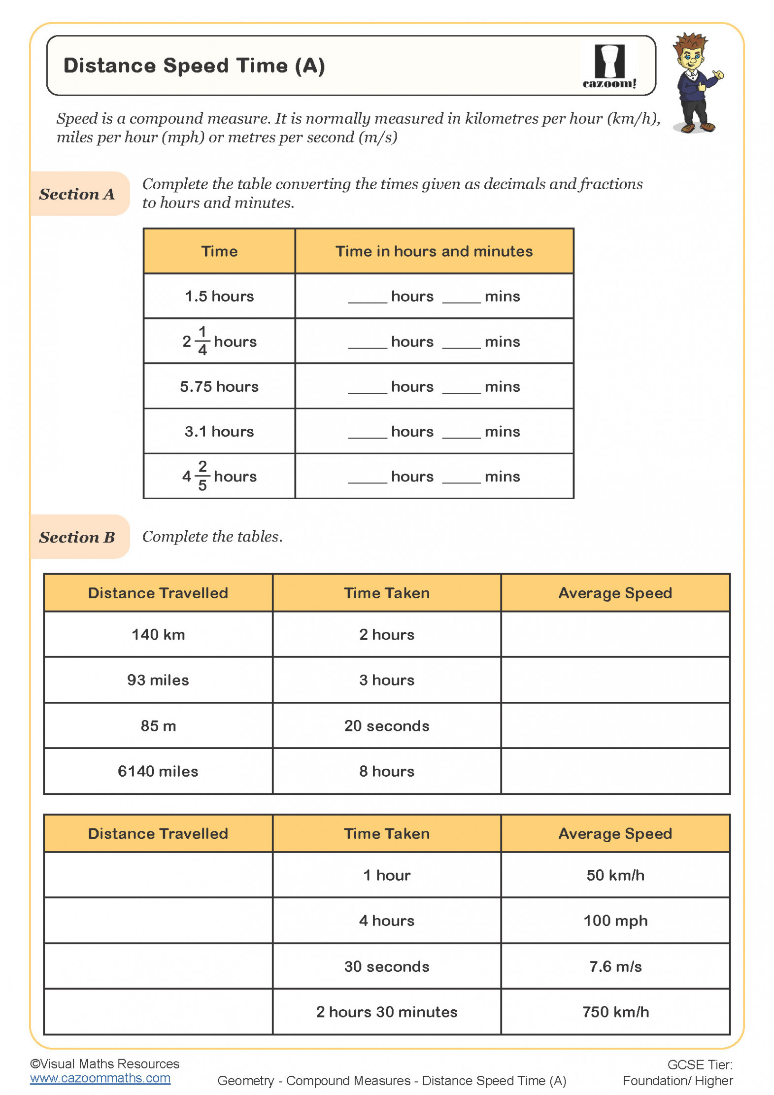 Distance Speed Time (A) Worksheet  Printable Maths Worksheets