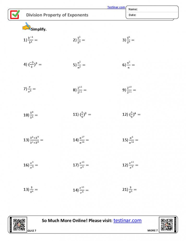 Division Property of Exponents worksheets