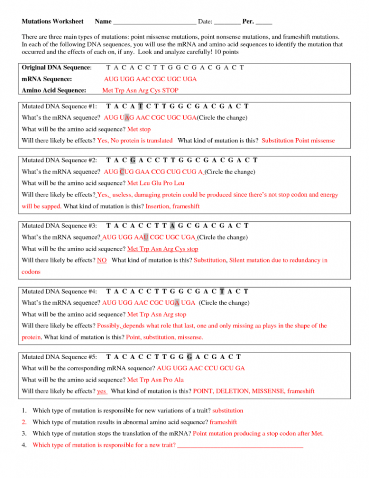 Dna Mutations Practice Worksheets Answer Key  Word problem