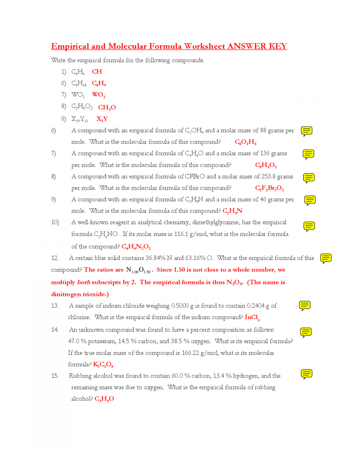 Empirical and Molecular Formula Worksheet ANSWER KEY  Study notes