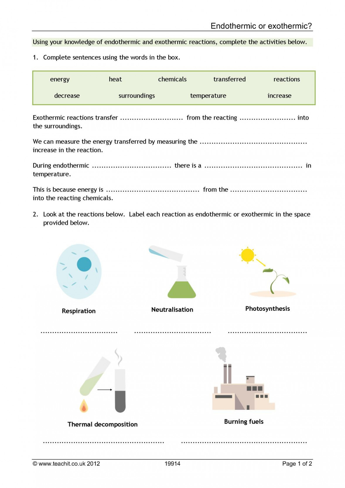 Endothermic exothermic worksheetKS ChemistryTeachit