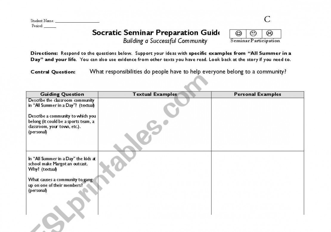 English worksheets: Building a Better Community- Socratic Seminar