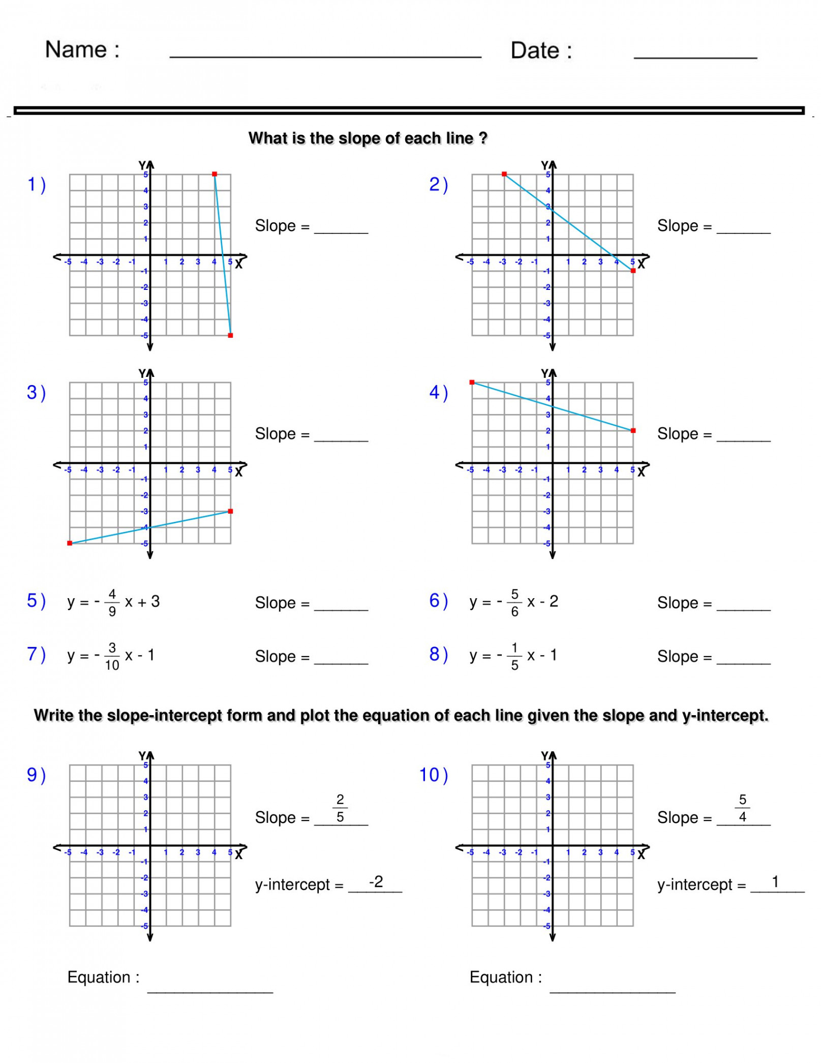 Equation of a Line on a Plane - What is the slope of line -Coordinate  Worksheets