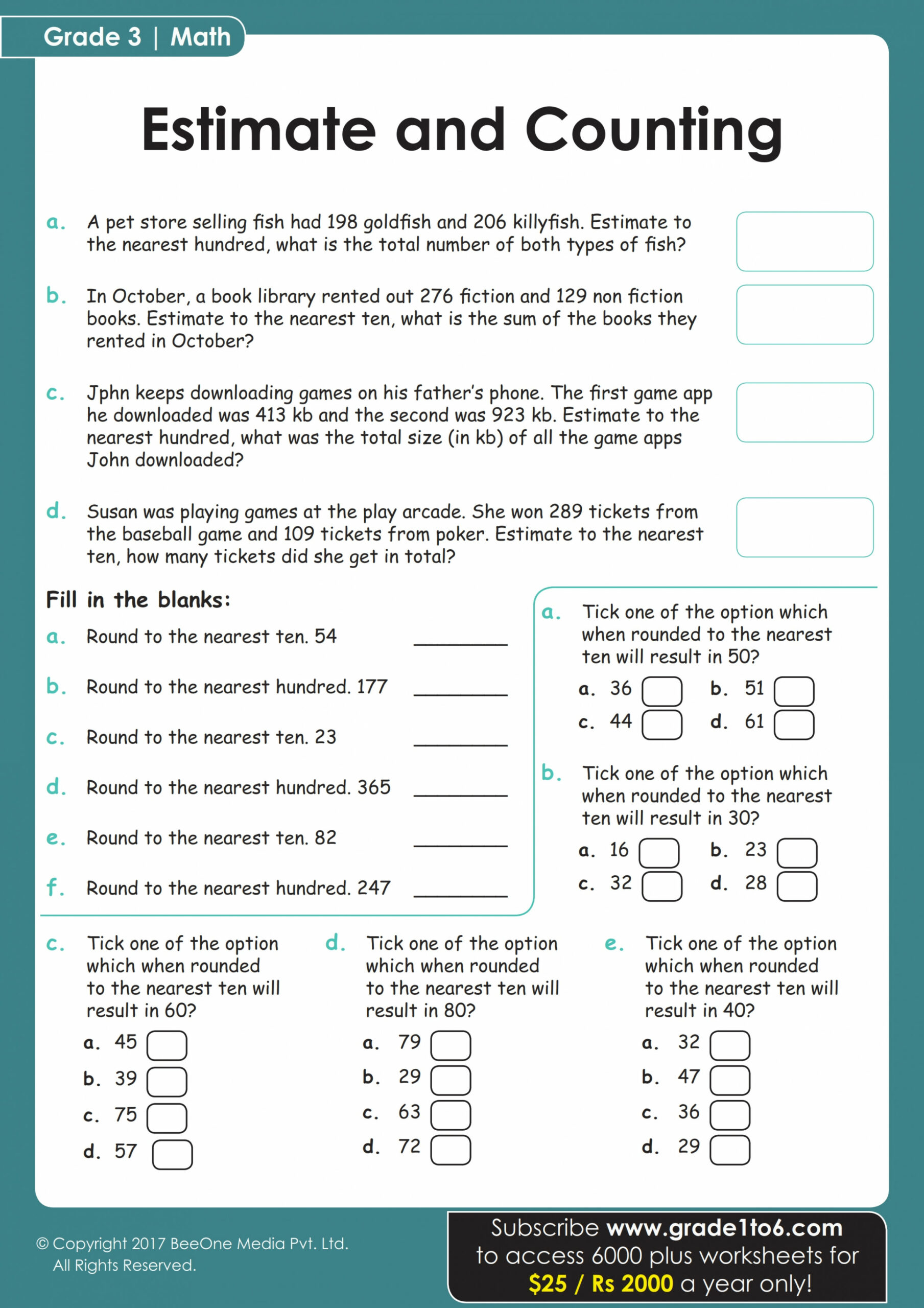 Estimating, Rounding & Counting Worksheet for Grade