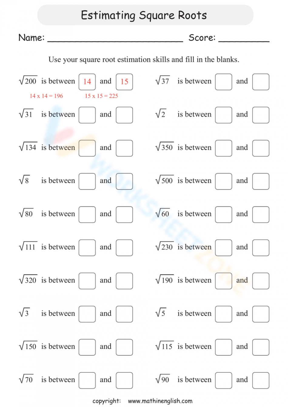 Estimating Square Roots worksheets