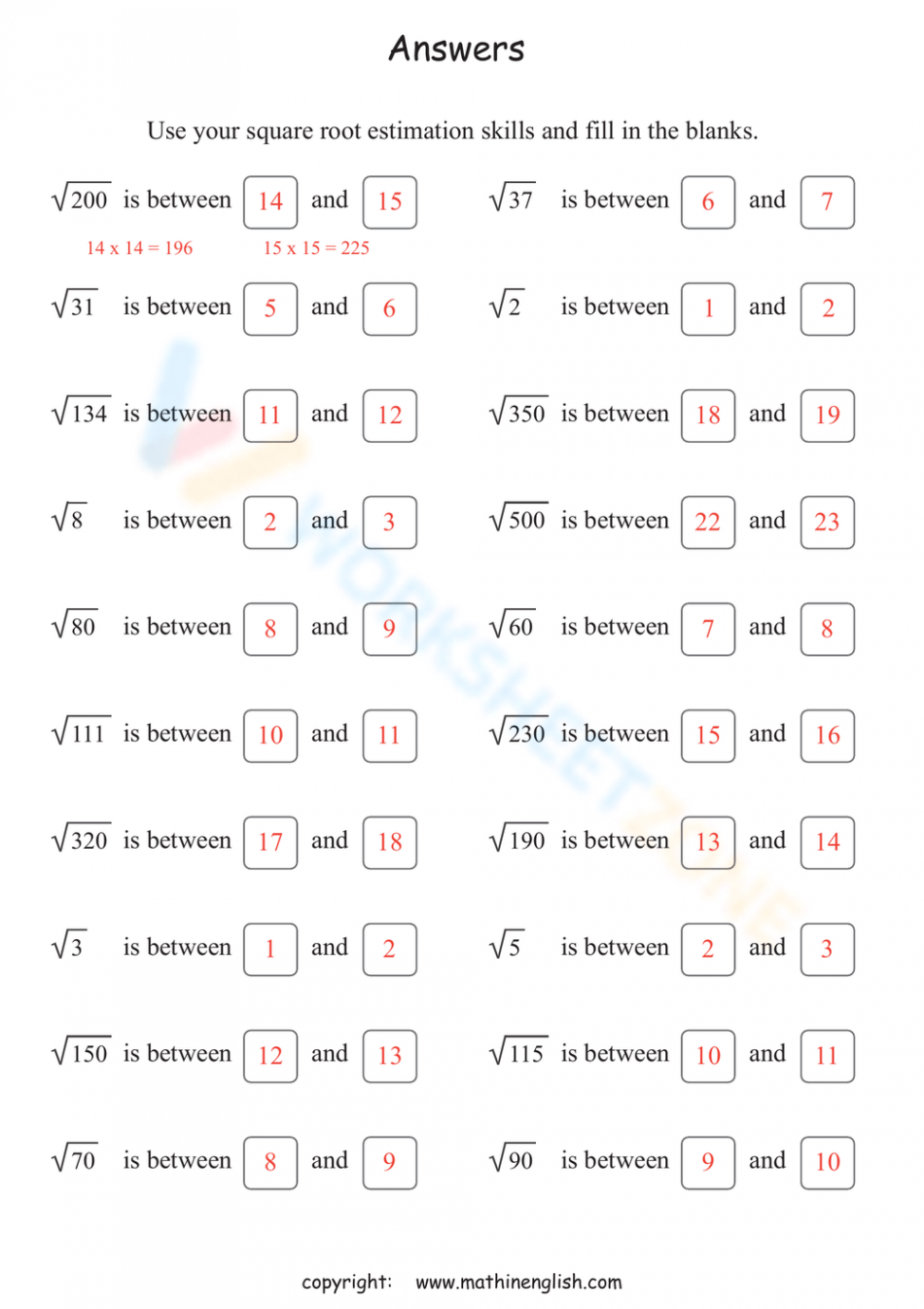 Estimating Square Roots worksheets