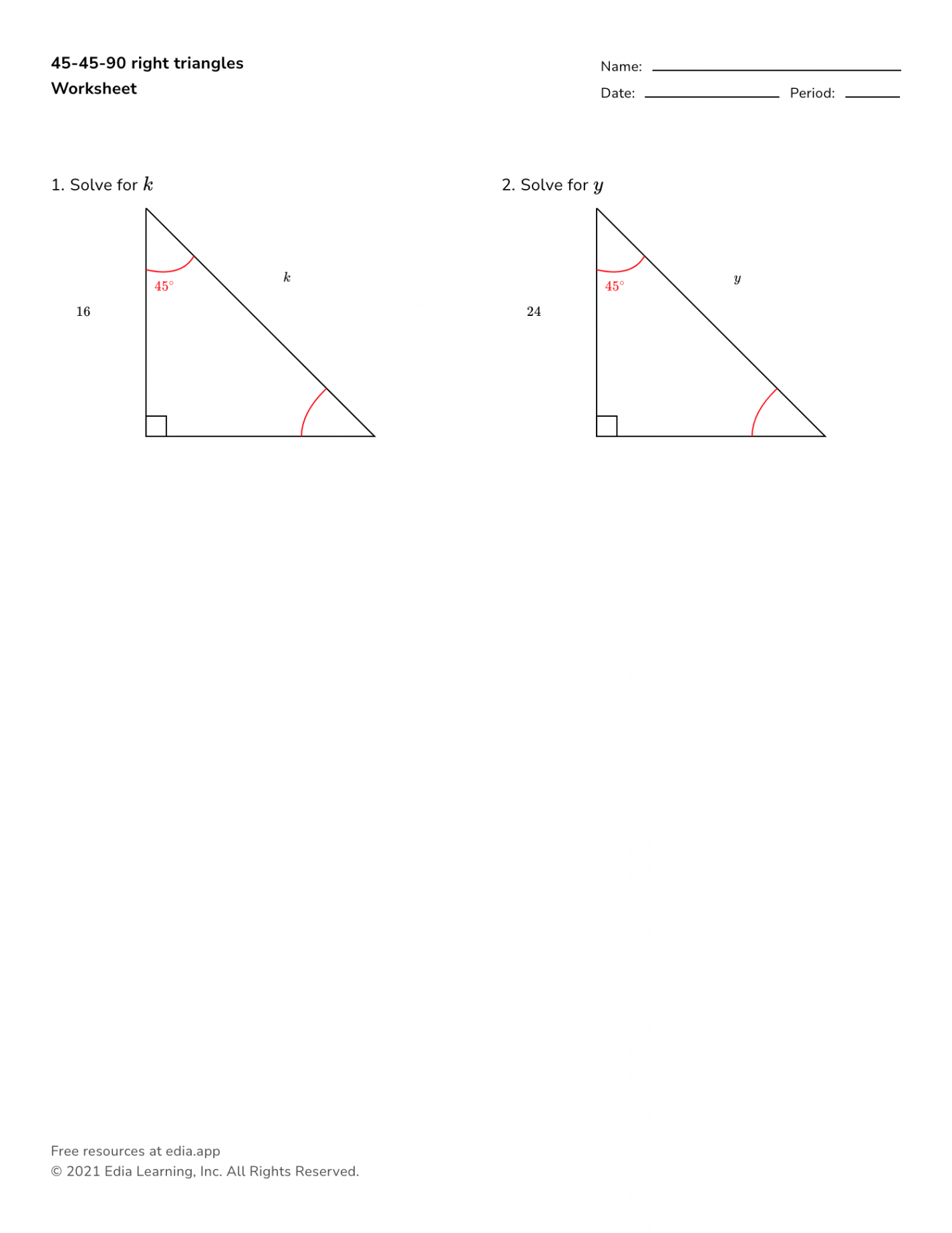 Evaluate -- Right Triangles - Worksheet