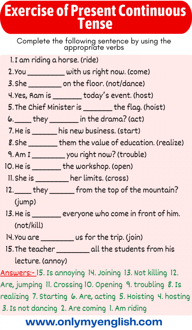 Exercise of Present Continuous Tense  Present continuous tense