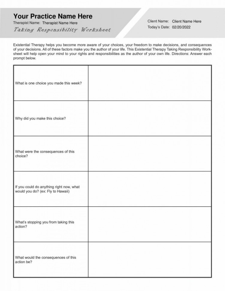 Existential Therapy Taking Responsibility Worksheet PDF - TherapyByPro