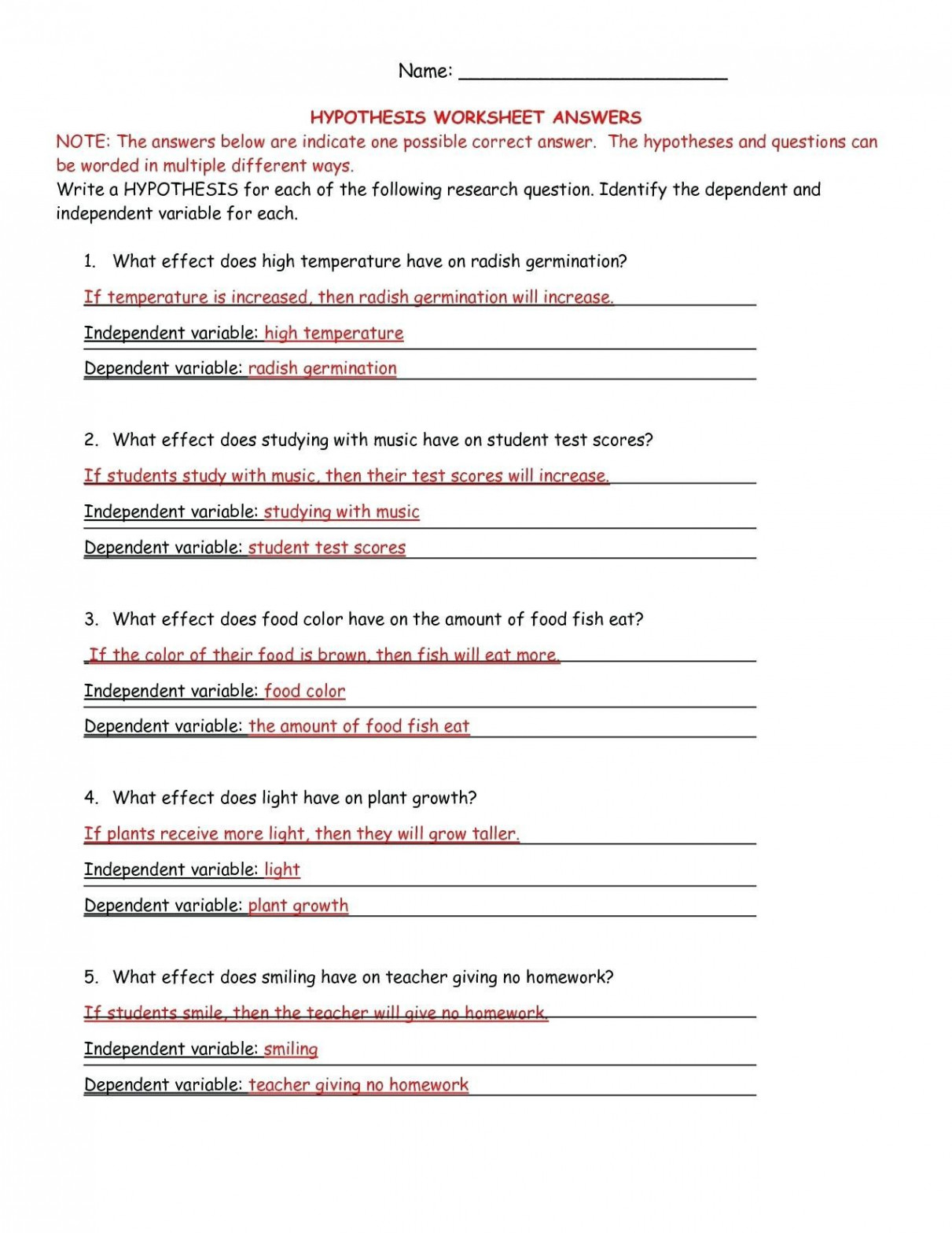 Experimental Variables Worksheet Answers Scientific Variables