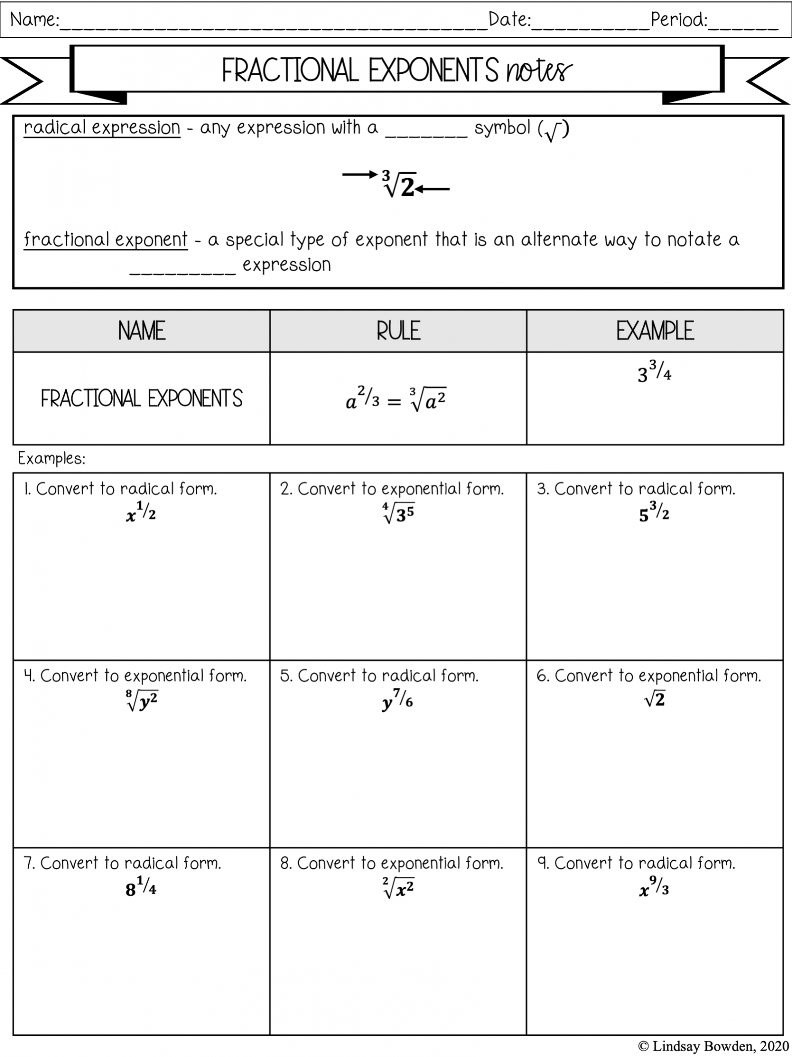 Exponent Rules Notes and Worksheets - Lindsay Bowden