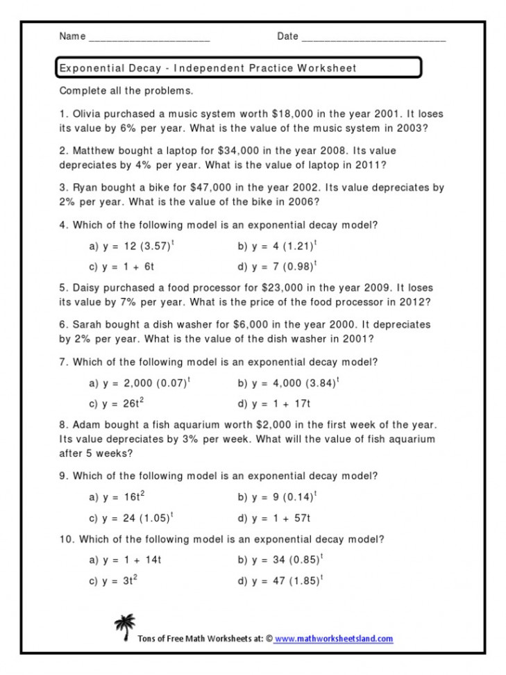 Exponential Decay - Independent Practice Worksheet: Name - Date  PDF