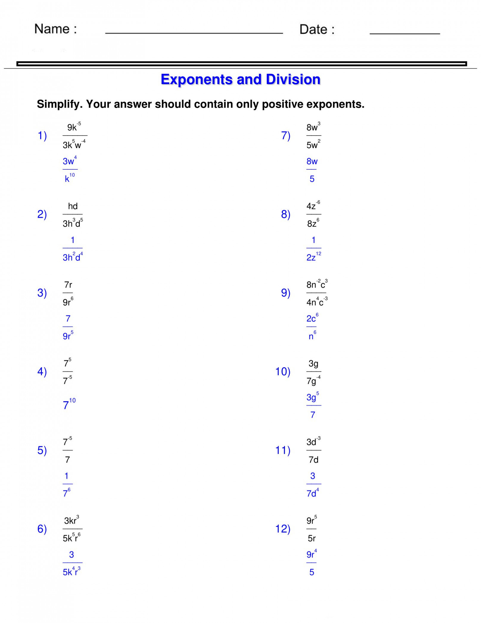 Exponents and Radicals Worksheets Exponents and Division Worksheets