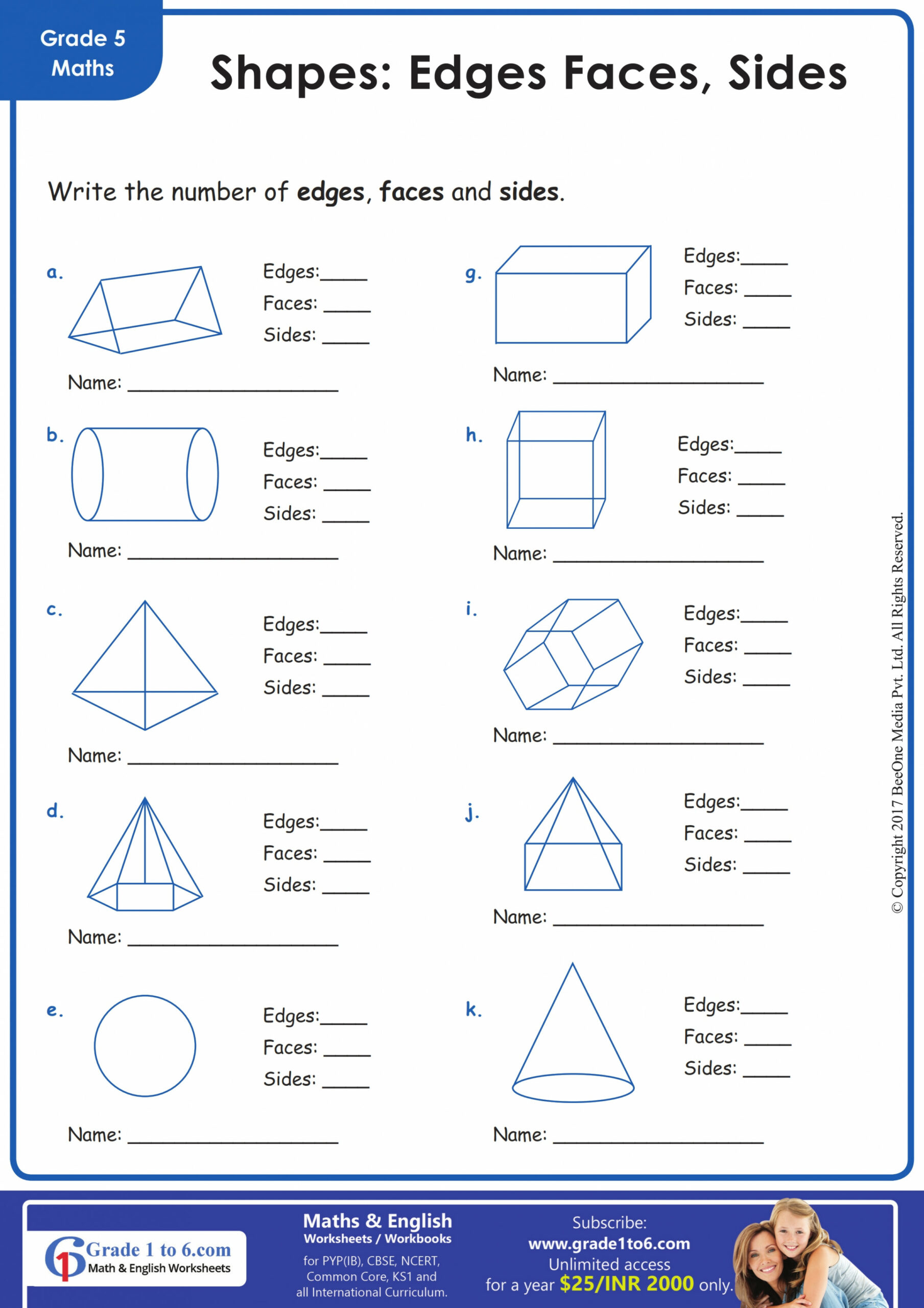 Faces, Edges & Vertices Worksheet  Gradeto