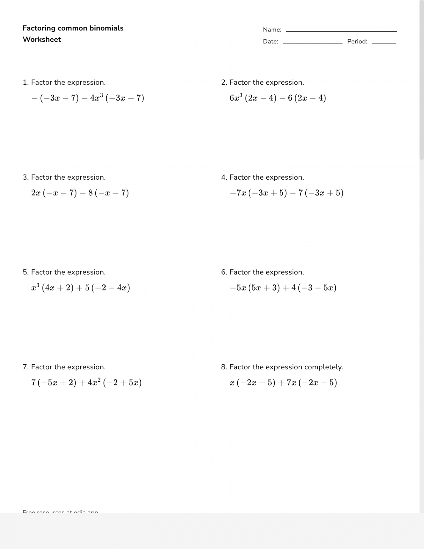 Factoring Common Binomials - Worksheet