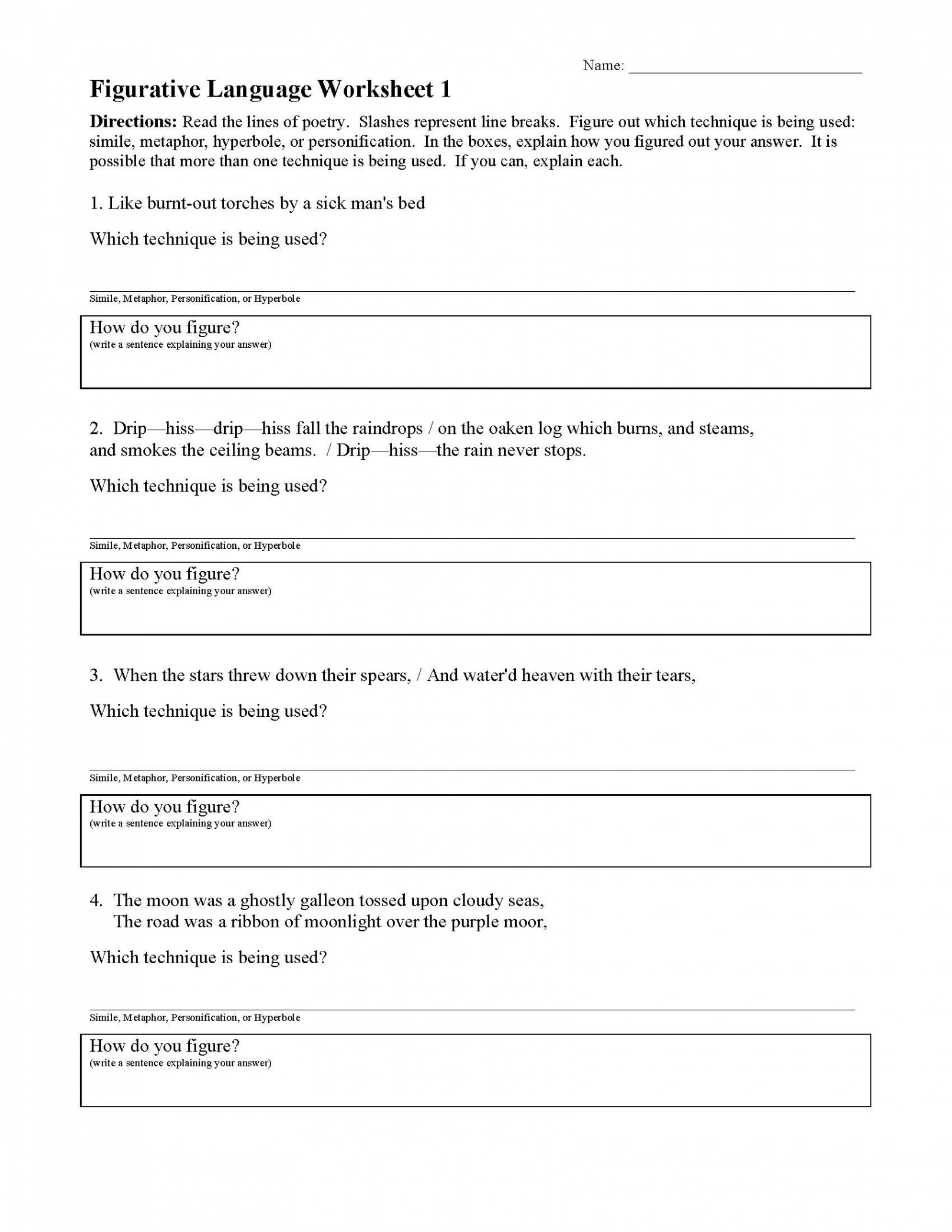 Figurative Language Worksheet   Reading Activity