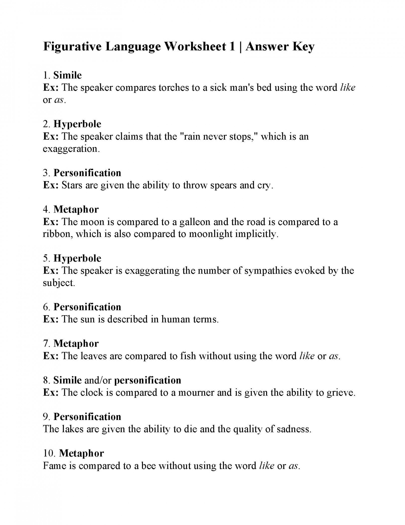 Figurative Language Worksheet   Reading Activity