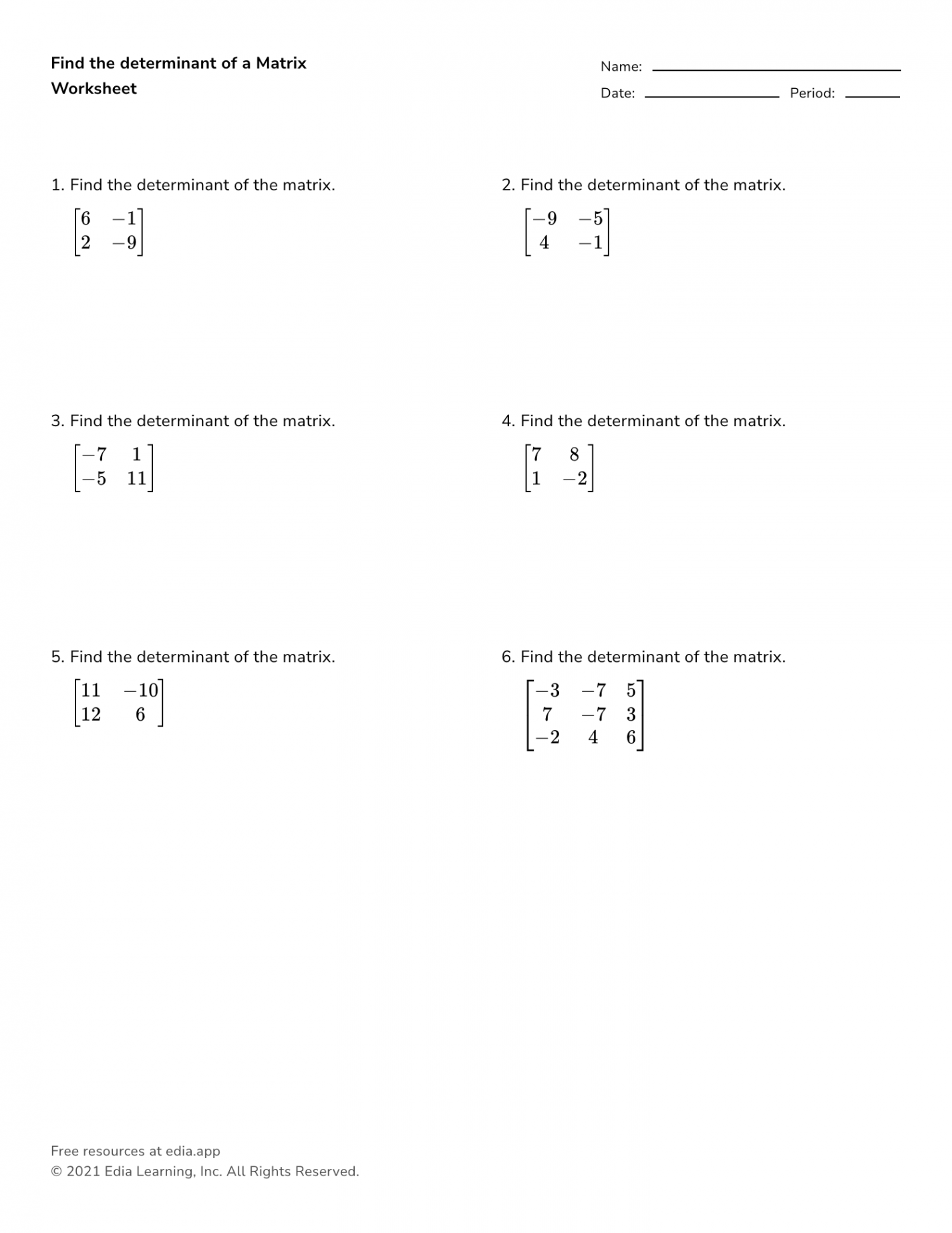 Find The Determinant Of A Matrix - Worksheet