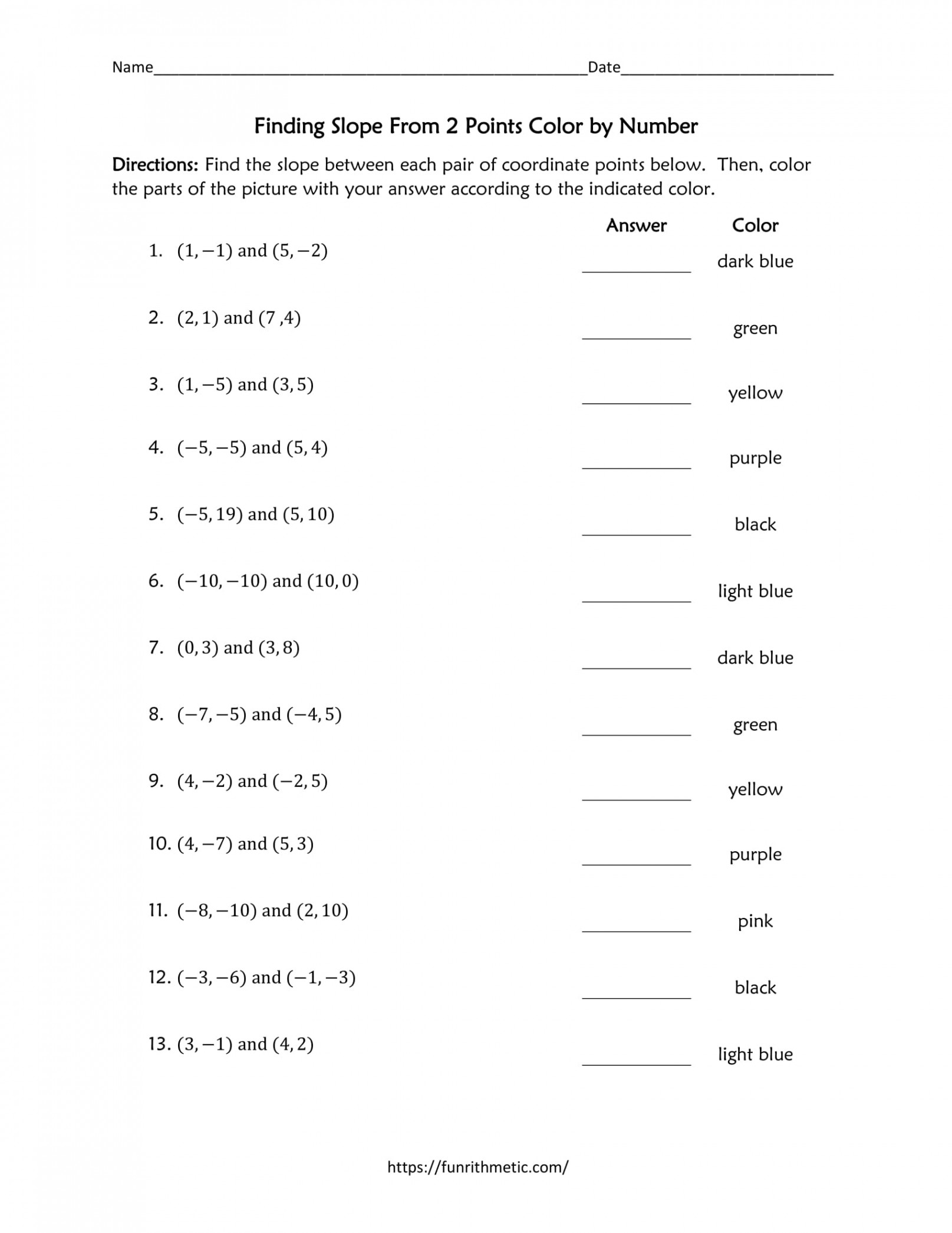 Finding Slope Between  Points Color by Number