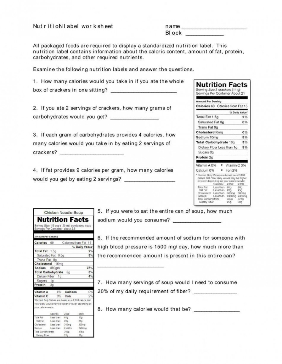 Food labels worksheet  Live Worksheets