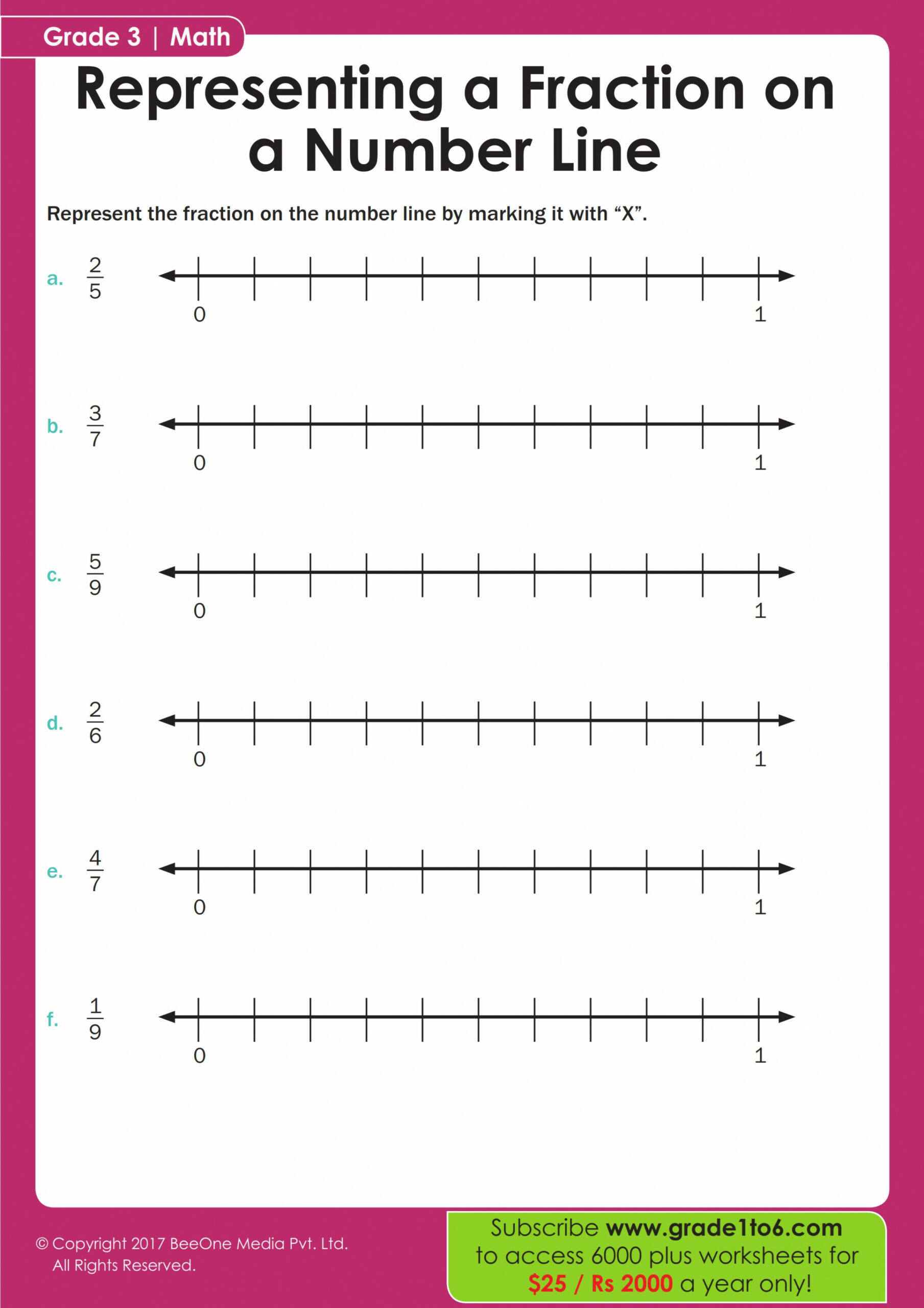 Fractions on a Number Line Worksheet for Grade