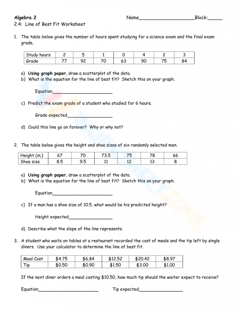 Free Collection of Line of Best Fit Worksheets for Students