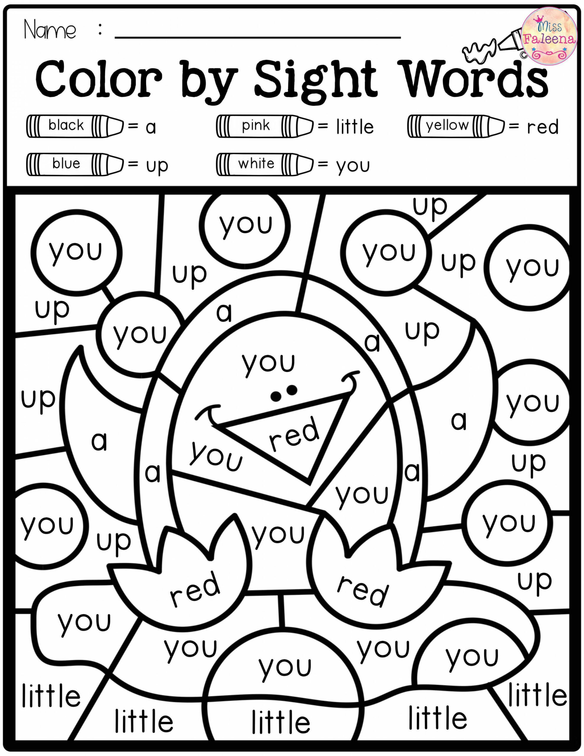 Free Color by Code -Sight Words Pre-Primer  Kindergarten math