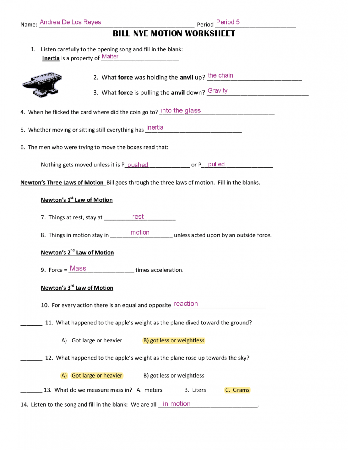 Free Printable Bill Nye Motion Worksheets for Students