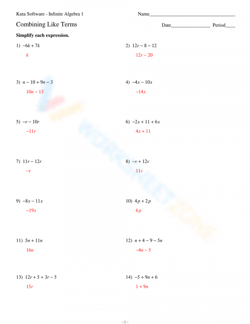 Free Printable Combining Like Terms Worksheets for Students