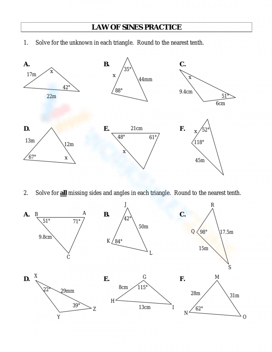 Free Printable Law of Sines Worksheets for Students