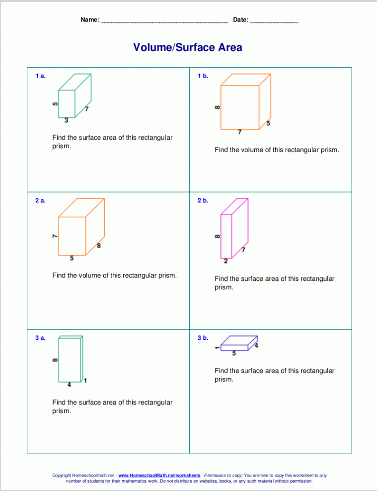 Free worksheets for the volume and surface area of cubes