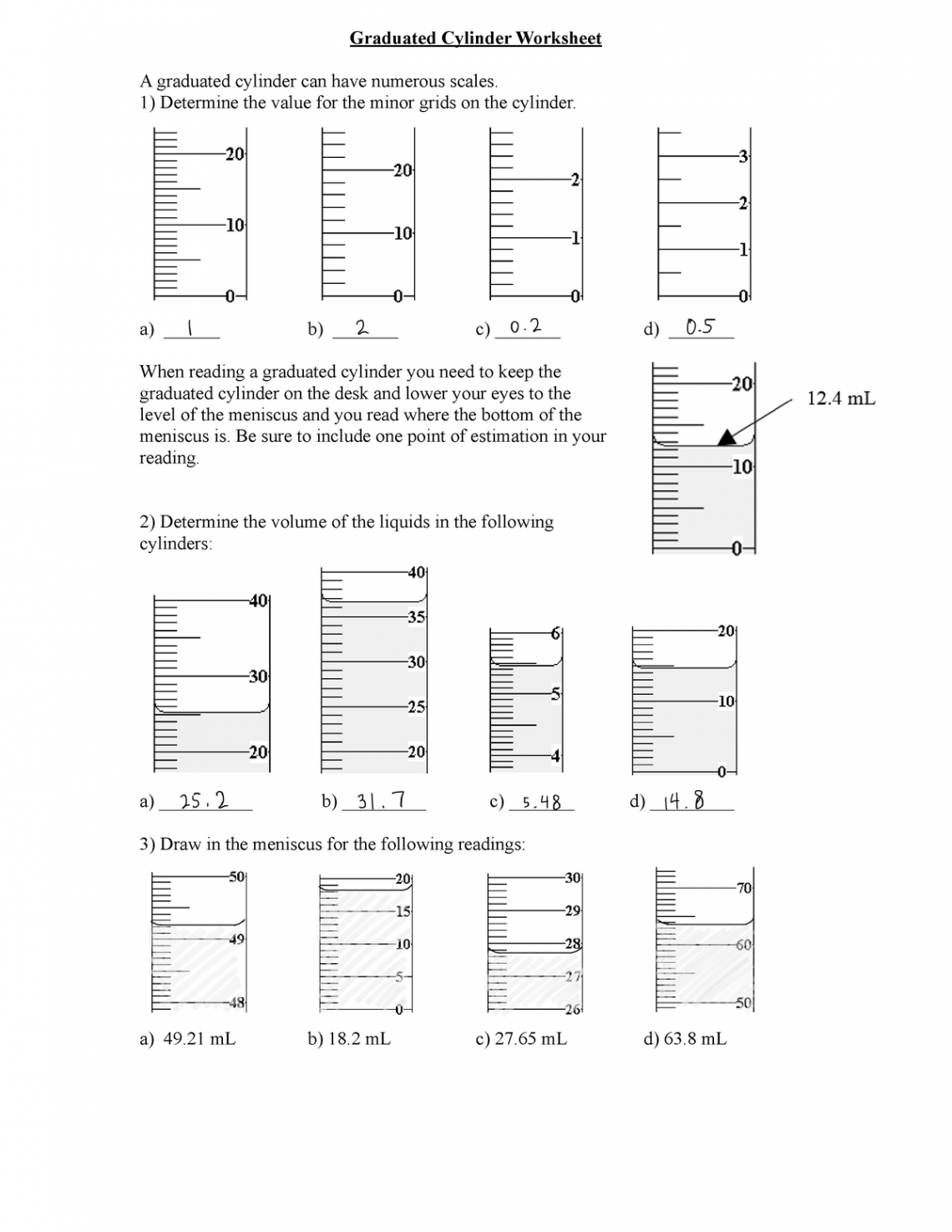 Graduated Cylinder Worksheet - Determine the value for the minor